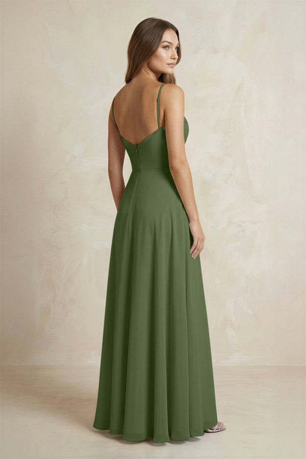 A-Line Cami Strap Chiffon Bridesmaid Dress With Slit in Moss (2) | KISSBRIDAL