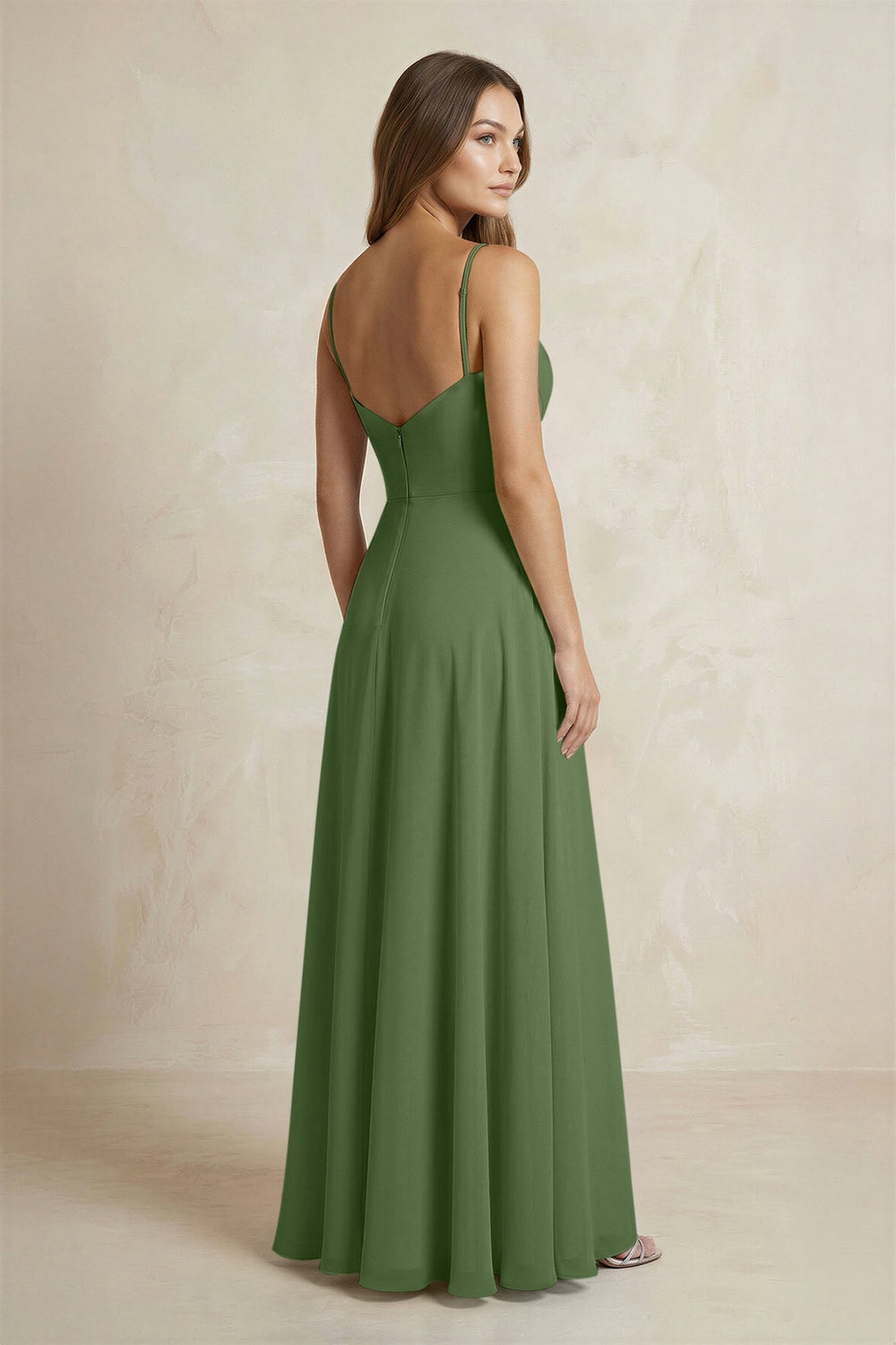 A - Line Cami Strap Chiffon Bridesmaid Dress With Slit in Moss - KISS BRIDAL Bridesmaid Dresses