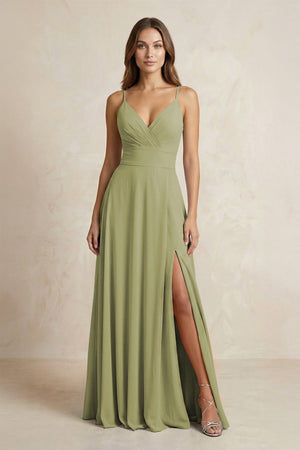 A - Line Cami Strap Chiffon Bridesmaid Dress With Slit in Moss Green - KISS BRIDAL Bridesmaid Dresses