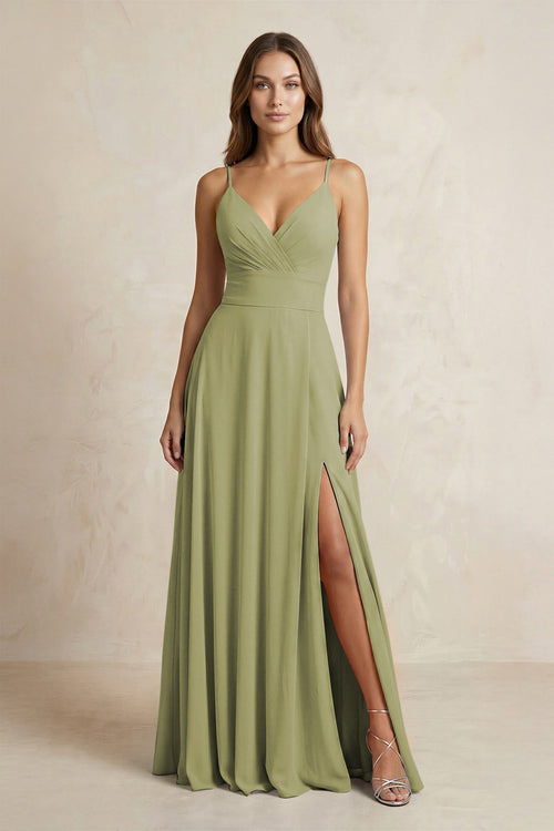 A - Line Cami Strap Chiffon Bridesmaid Dress With Slit in Moss Green - KISS BRIDAL Bridesmaid Dresses