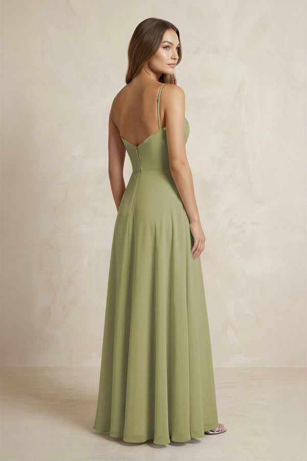 A - Line Cami Strap Chiffon Bridesmaid Dress With Slit in Moss Green - KISS BRIDAL Bridesmaid Dresses