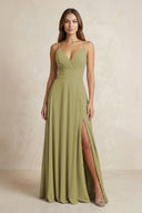 A-Line Cami Strap Chiffon Bridesmaid Dress With Slit in Moss Green | KISSBRIDAL