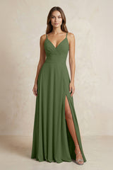 A-Line Cami Strap Chiffon Bridesmaid Dress With Slit in Moss | KISSBRIDAL