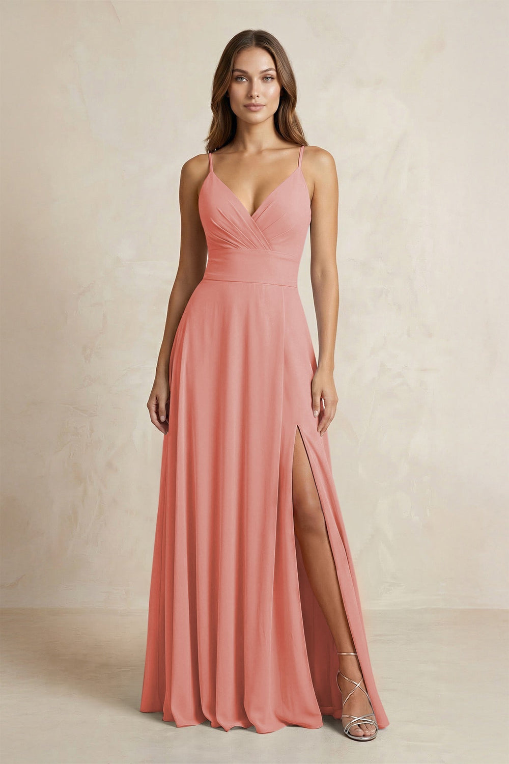 A - Line Cami Strap Chiffon Bridesmaid Dress With Slit in Mulberry - KISS BRIDAL Bridesmaid Dresses