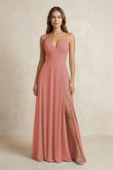 A-Line Cami Strap Chiffon Bridesmaid Dress With Slit in Mulberry | KISSBRIDAL