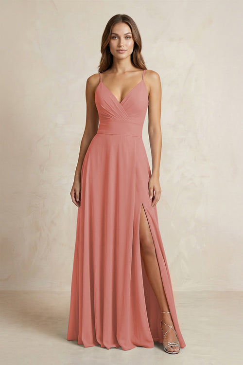 A-Line Cami Strap Chiffon Bridesmaid Dress With Slit in Mulberry | KISSBRIDAL