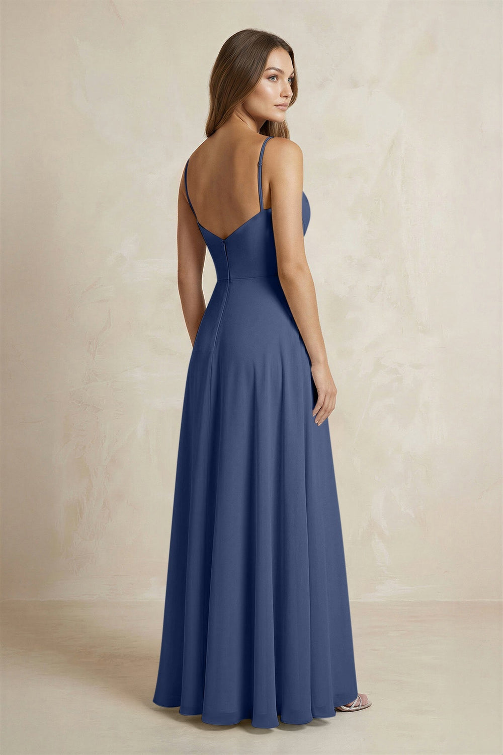 A - Line Cami Strap Chiffon Bridesmaid Dress With Slit in Navy - KISS BRIDAL Bridesmaid Dresses