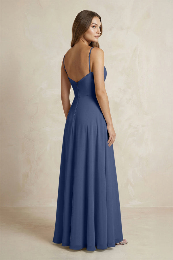 A - Line Cami Strap Chiffon Bridesmaid Dress With Slit in Navy - KISS BRIDAL Bridesmaid Dresses