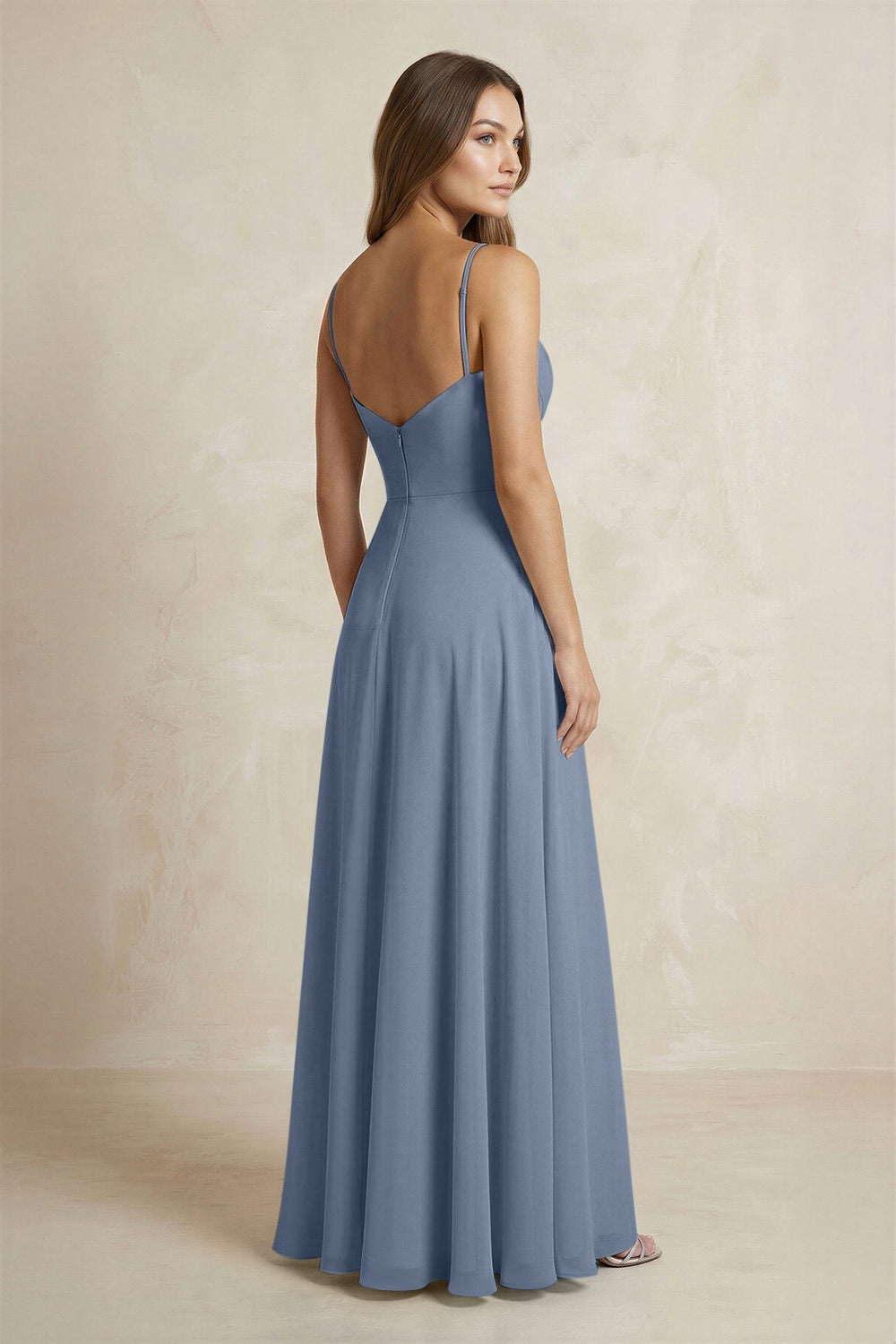 A - Line Cami Strap Chiffon Bridesmaid Dress With Slit in Neptune - KISS BRIDAL Bridesmaid Dresses