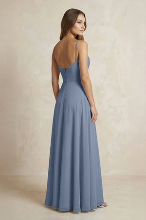 A - Line Cami Strap Chiffon Bridesmaid Dress With Slit in Neptune - KISS BRIDAL Bridesmaid Dresses
