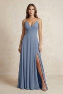 A - Line Cami Strap Chiffon Bridesmaid Dress With Slit in Neptune - KISS BRIDAL Bridesmaid Dresses