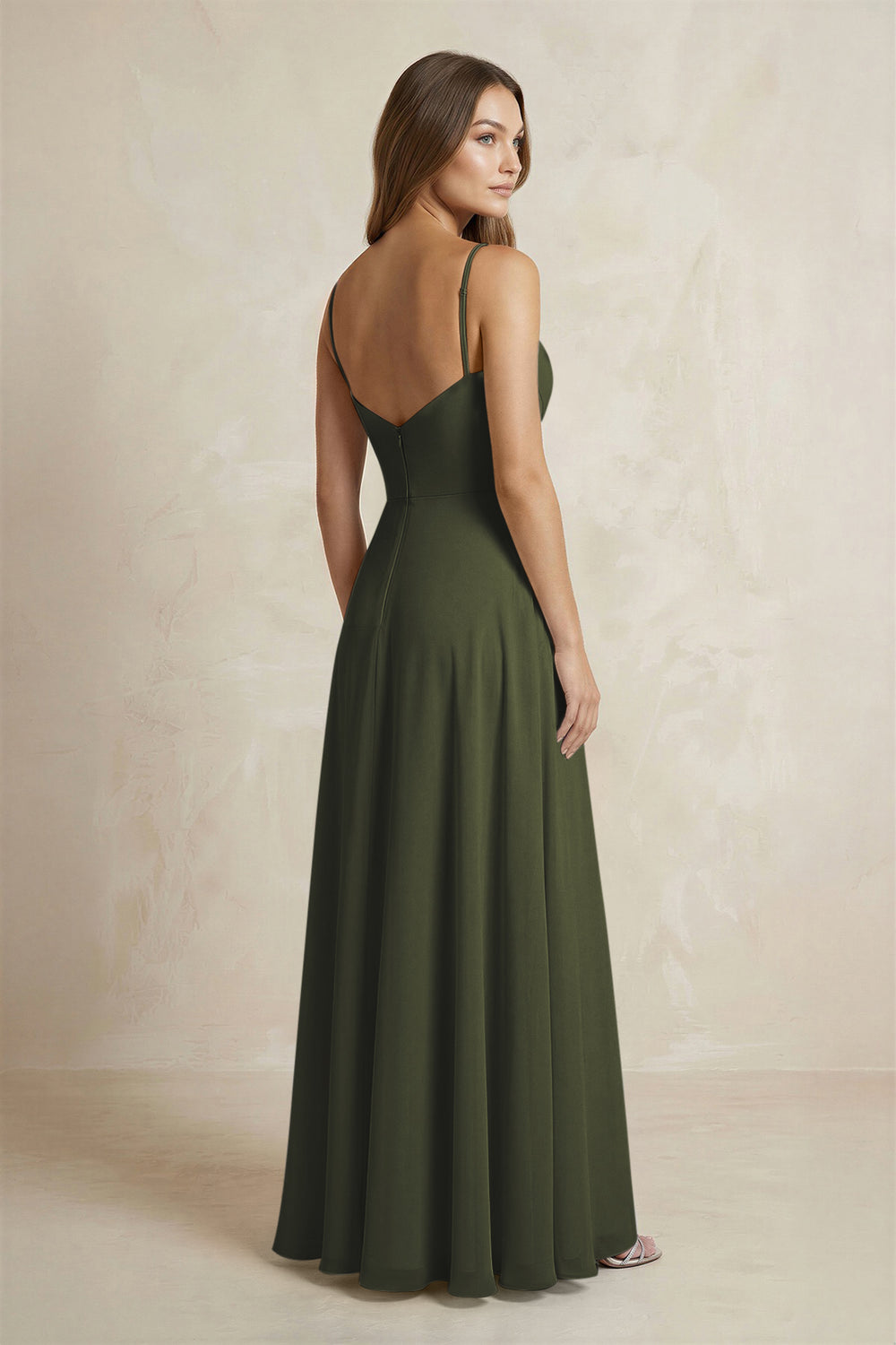 A-Line Cami Strap Chiffon Bridesmaid Dress With Slit in Olive