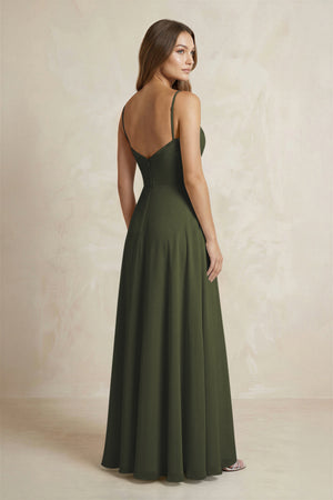 A-Line Cami Strap Chiffon Bridesmaid Dress With Slit in Olive (2) | KISSBRIDAL
