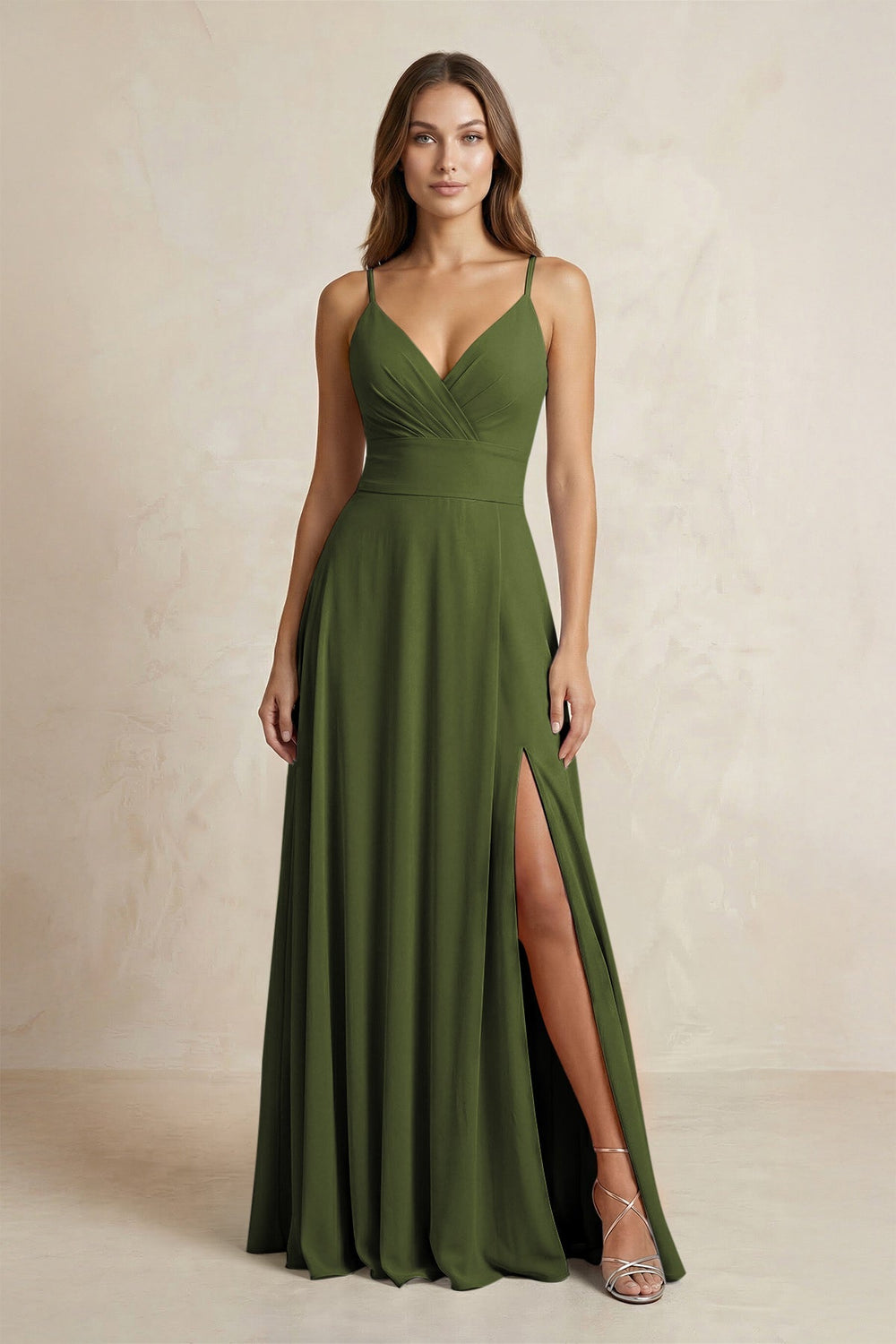 A - Line Cami Strap Chiffon Bridesmaid Dress With Slit in Olive - KISS BRIDAL Bridesmaid Dresses