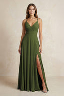 A - Line Cami Strap Chiffon Bridesmaid Dress With Slit in Olive - KISS BRIDAL Bridesmaid Dresses