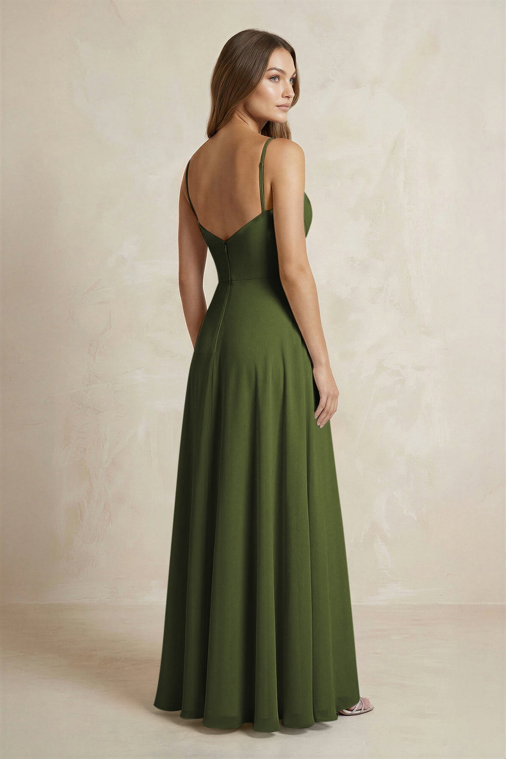 A - Line Cami Strap Chiffon Bridesmaid Dress With Slit in Olive - KISS BRIDAL Bridesmaid Dresses