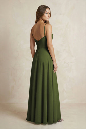 A - Line Cami Strap Chiffon Bridesmaid Dress With Slit in Olive - KISS BRIDAL Bridesmaid Dresses