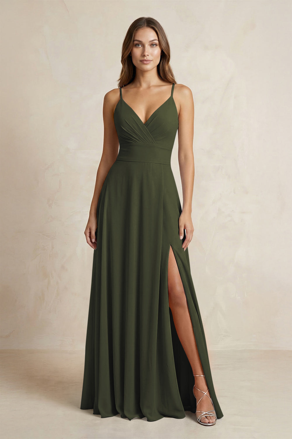 A-Line Cami Strap Chiffon Bridesmaid Dress With Slit in Olive