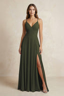 A-Line Cami Strap Chiffon Bridesmaid Dress With Slit in Olive | KISSBRIDAL