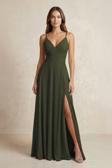 A-Line Cami Strap Chiffon Bridesmaid Dress With Slit in Olive | KISSBRIDAL