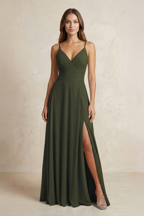 A-Line Cami Strap Chiffon Bridesmaid Dress With Slit in Olive | KISSBRIDAL