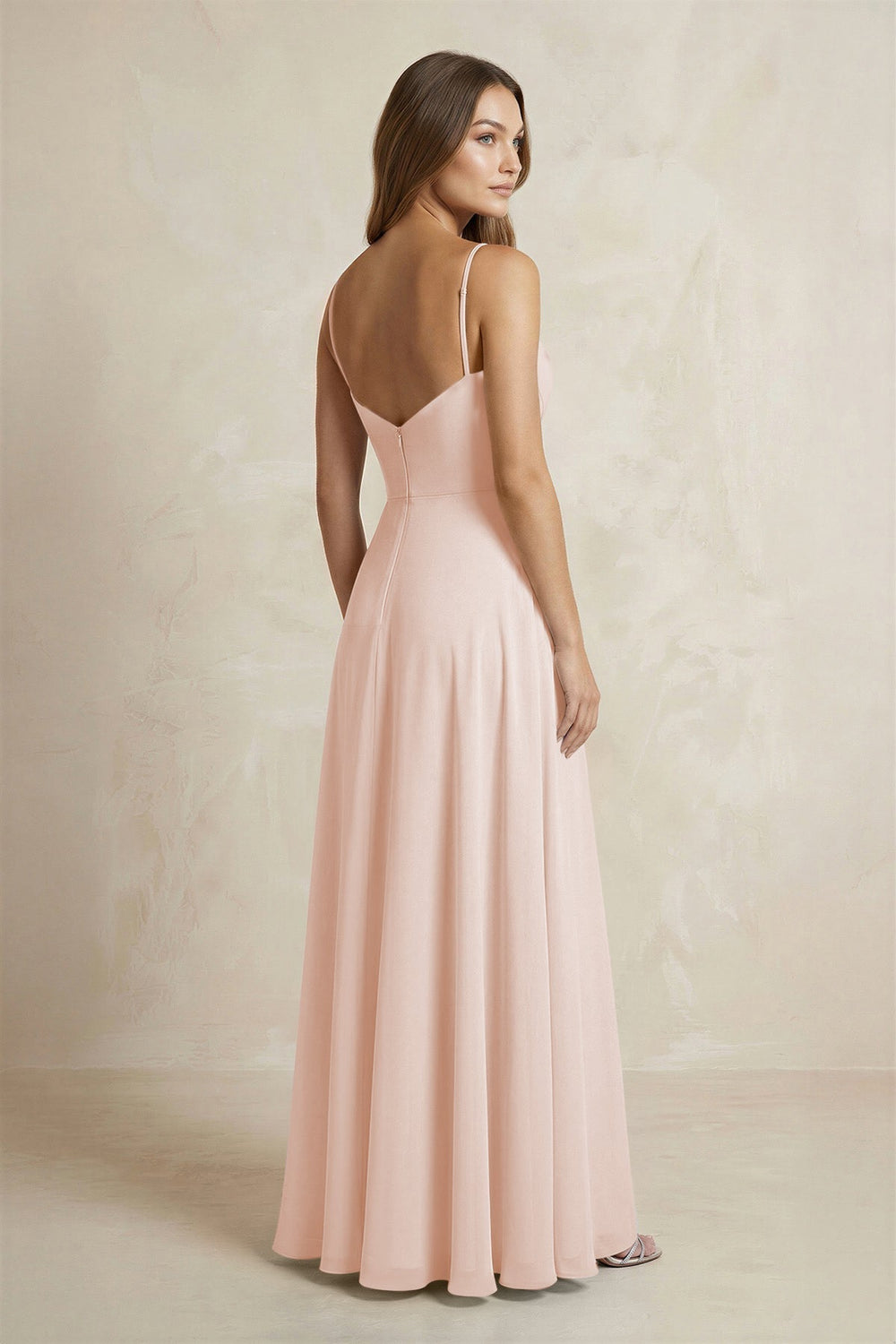 A - Line Cami Strap Chiffon Bridesmaid Dress With Slit in Pale Blush - KISS BRIDAL Bridesmaid Dresses