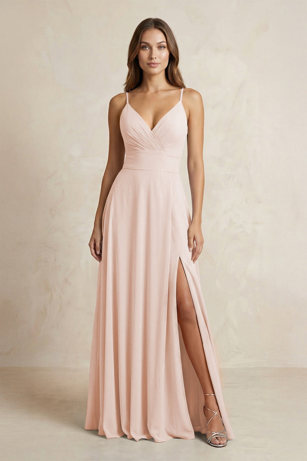 A - Line Cami Strap Chiffon Bridesmaid Dress With Slit in Pale Blush - KISS BRIDAL Bridesmaid Dresses