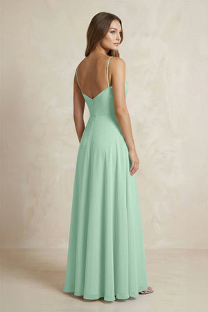 A-Line Cami Strap Chiffon Bridesmaid Dress With Slit in Pale Pistachio (2) | KISSBRIDAL