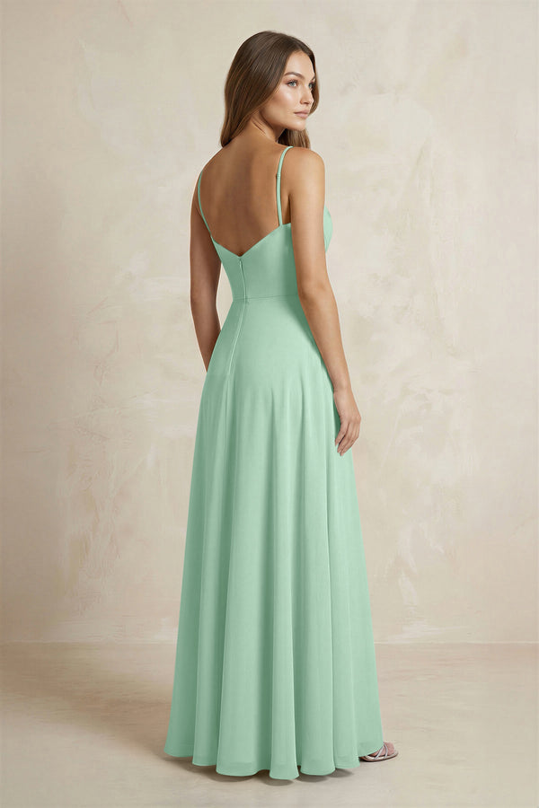 A-Line Cami Strap Chiffon Bridesmaid Dress With Slit in Pale Pistachio (2) | KISSBRIDAL