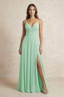A - Line Cami Strap Chiffon Bridesmaid Dress With Slit in Pale Pistachio - KISS BRIDAL Bridesmaid Dresses