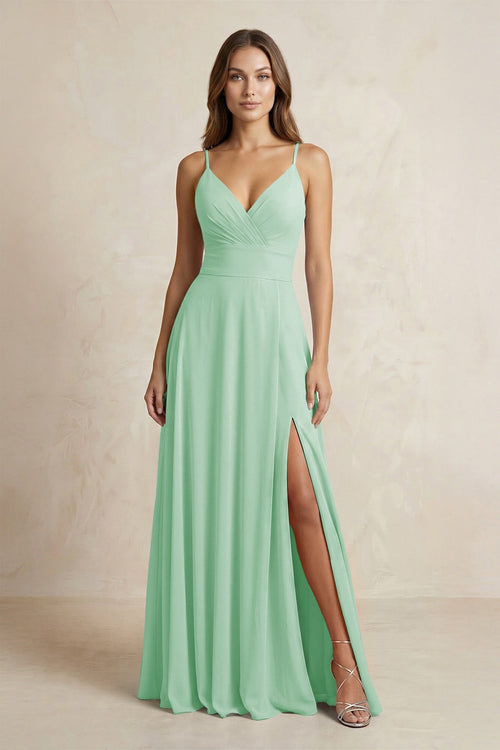 A - Line Cami Strap Chiffon Bridesmaid Dress With Slit in Pale Pistachio - KISS BRIDAL Bridesmaid Dresses