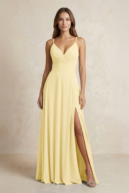 A - Line Cami Strap Chiffon Bridesmaid Dress With Slit in Pastel Yellow - KISS BRIDAL Bridesmaid Dresses