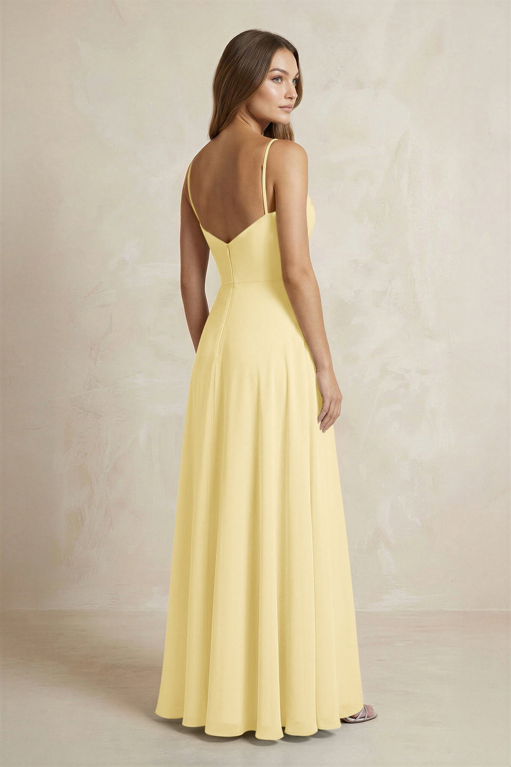 A - Line Cami Strap Chiffon Bridesmaid Dress With Slit in Pastel Yellow - KISS BRIDAL Bridesmaid Dresses
