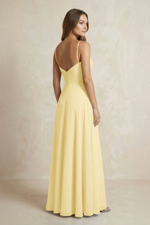 A - Line Cami Strap Chiffon Bridesmaid Dress With Slit in Pastel Yellow - KISS BRIDAL Bridesmaid Dresses