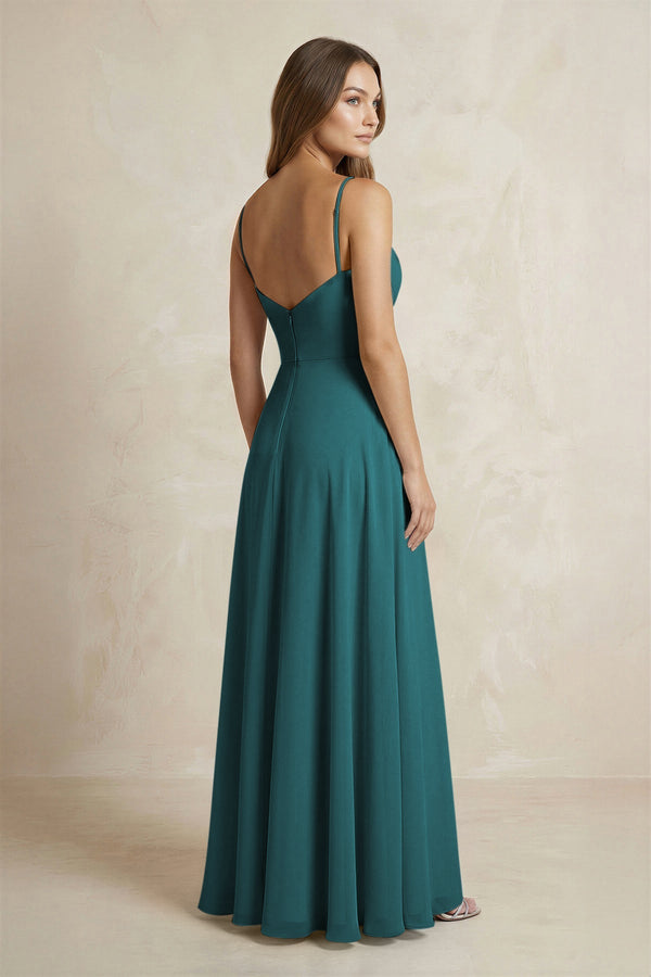 A - Line Cami Strap Chiffon Bridesmaid Dress With Slit in Pine - KISS BRIDAL Bridesmaid Dresses
