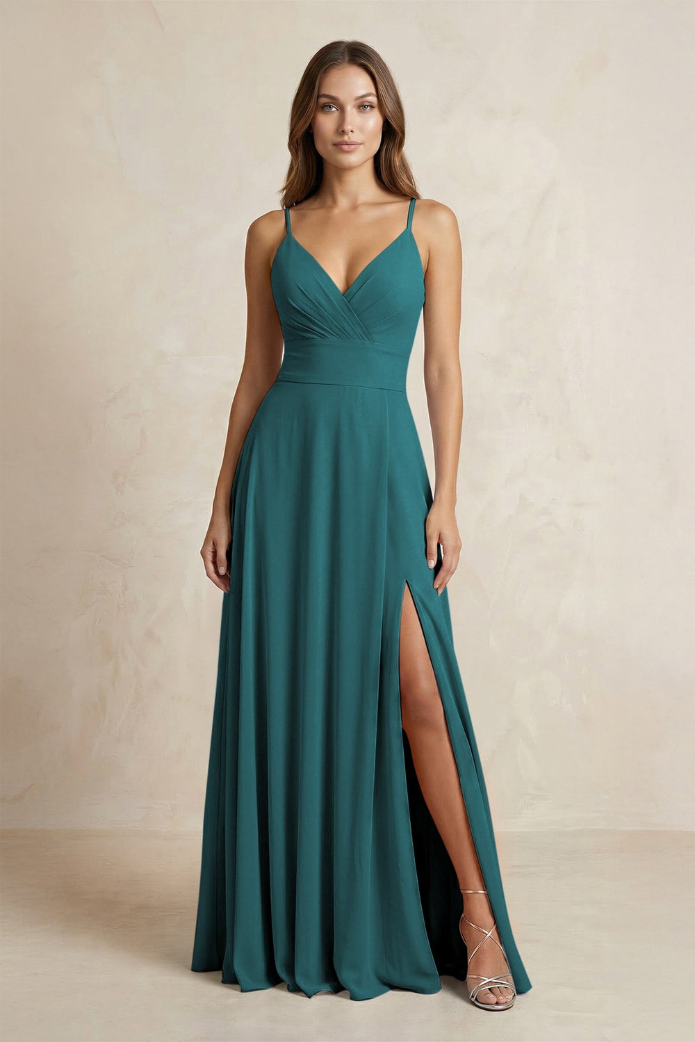 A - Line Cami Strap Chiffon Bridesmaid Dress With Slit in Pine - KISS BRIDAL Bridesmaid Dresses