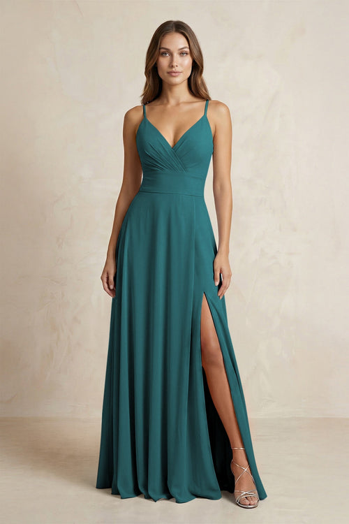 A - Line Cami Strap Chiffon Bridesmaid Dress With Slit in Pine - KISS BRIDAL Bridesmaid Dresses
