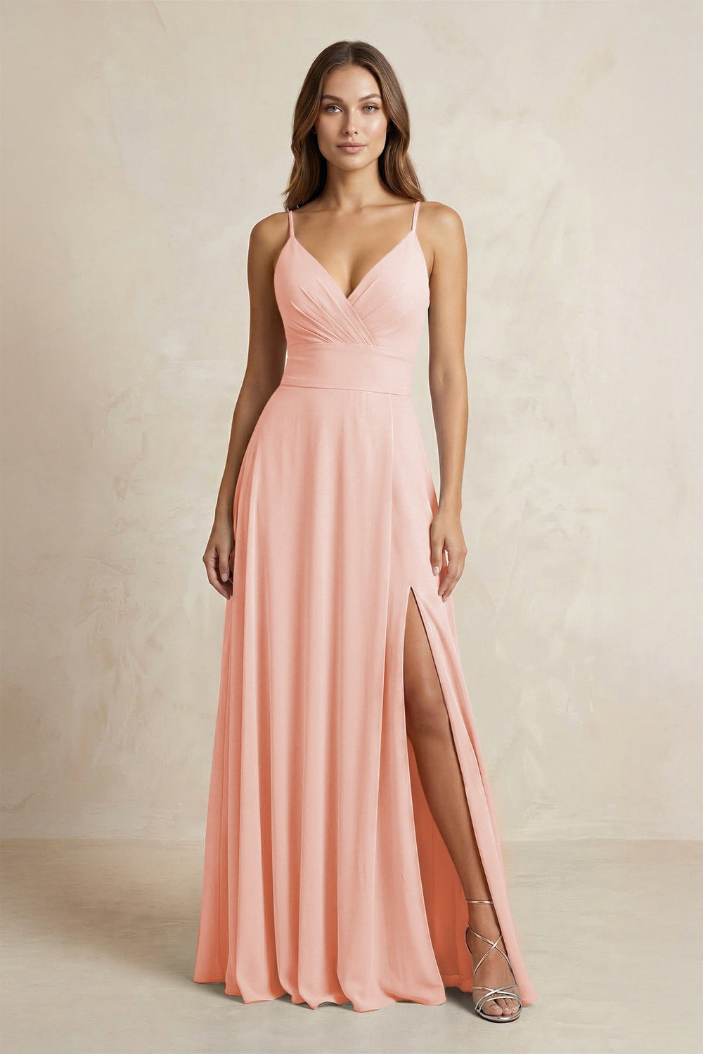 A - Line Cami Strap Chiffon Bridesmaid Dress With Slit in Rose Petal - KISS BRIDAL Bridesmaid Dresses