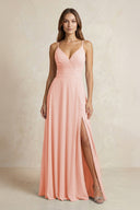 A - Line Cami Strap Chiffon Bridesmaid Dress With Slit in Rose Petal - KISS BRIDAL Bridesmaid Dresses