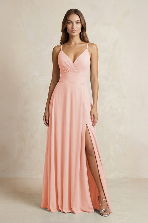 A - Line Cami Strap Chiffon Bridesmaid Dress With Slit in Rose Petal - KISS BRIDAL Bridesmaid Dresses