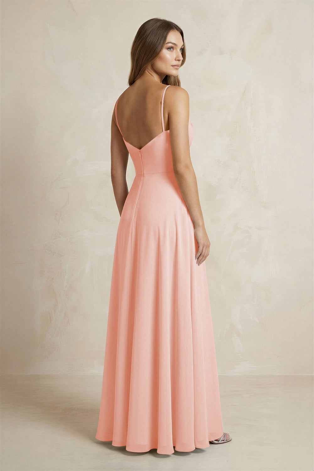 A - Line Cami Strap Chiffon Bridesmaid Dress With Slit in Rose Petal - KISS BRIDAL Bridesmaid Dresses