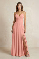 A-Line Cami Strap Chiffon Bridesmaid Dress With Slit in Rosette | KISSBRIDAL