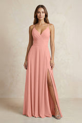 A-Line Cami Strap Chiffon Bridesmaid Dress With Slit in Rosette | KISSBRIDAL