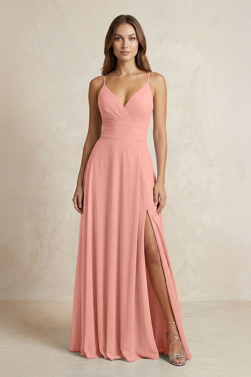A-Line Cami Strap Chiffon Bridesmaid Dress With Slit in Rosette | KISSBRIDAL
