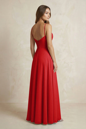 A - Line Cami Strap Chiffon Bridesmaid Dress With Slit in Ruby Red - KISS BRIDAL Bridesmaid Dresses