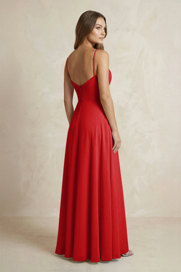 A - Line Cami Strap Chiffon Bridesmaid Dress With Slit in Ruby Red - KISS BRIDAL Bridesmaid Dresses