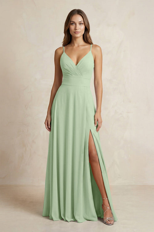 A - Line Cami Strap Chiffon Bridesmaid Dress With Slit in Sage - KISS BRIDAL Bridesmaid Dresses