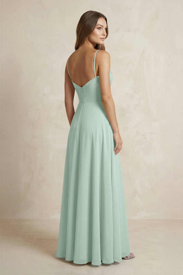 A-Line Cami Strap Chiffon Bridesmaid Dress With Slit in Sage (2) | KISSBRIDAL