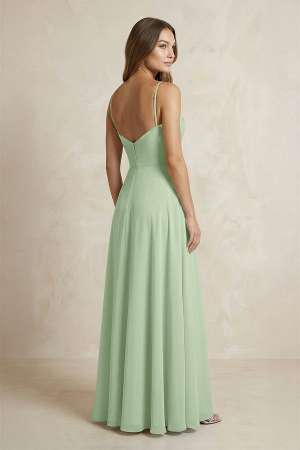 A - Line Cami Strap Chiffon Bridesmaid Dress With Slit in Sage - KISS BRIDAL Bridesmaid Dresses