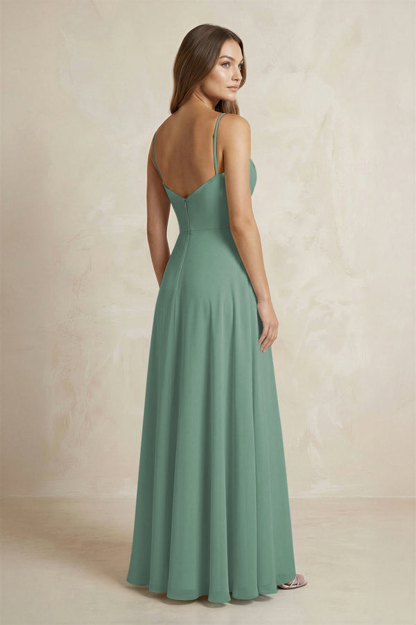 A-Line Cami Strap Chiffon Bridesmaid Dress With Slit in Sea Glass (2) | KISSBRIDAL
